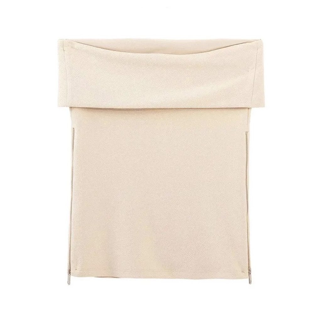 Zara Strapless Lapel Knit Top - Beige